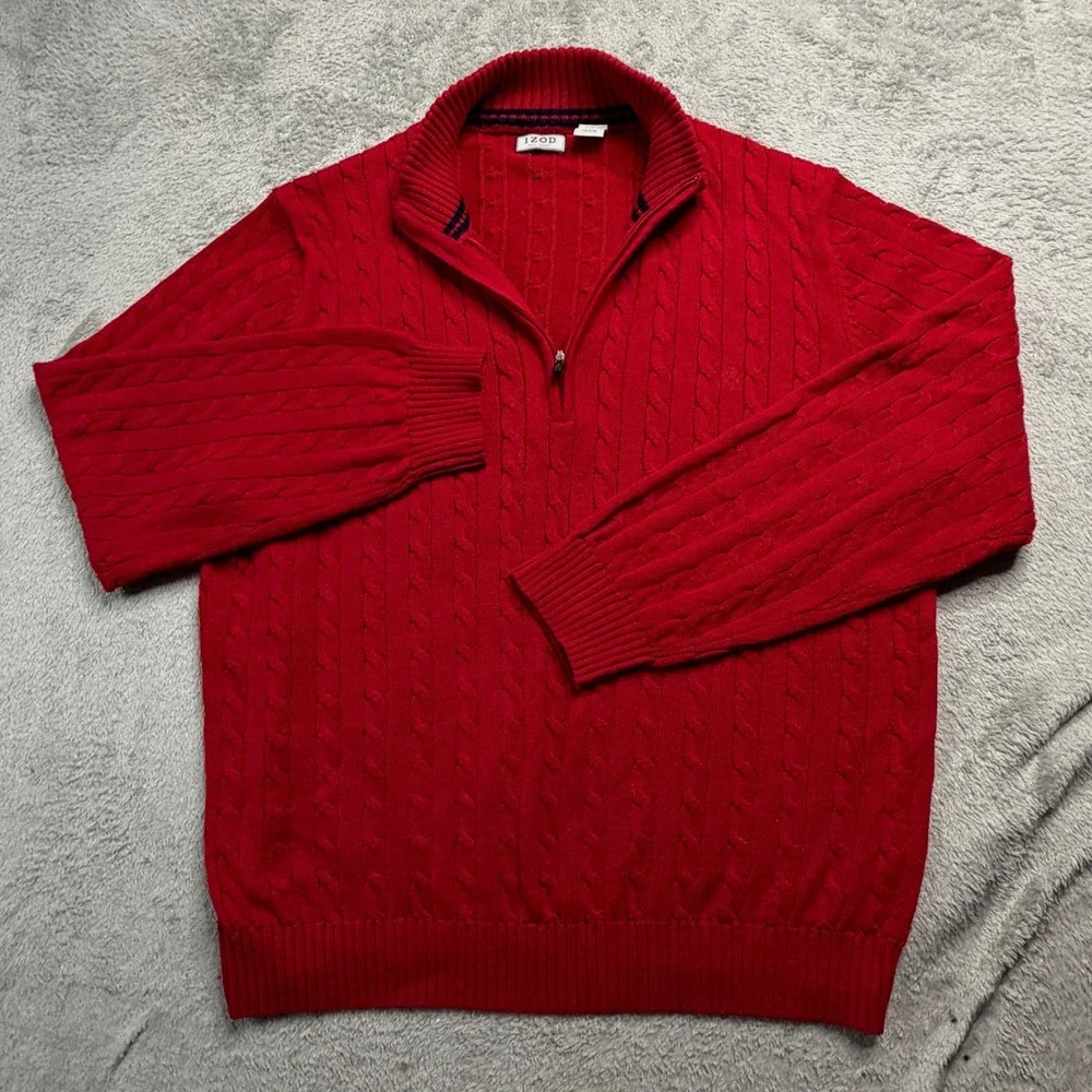 IZOD Mens XXL Red Cable Knit Quarter Zip 100% Cotton Mock Neck Sweater